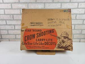 lot 35 image: Vintage CARRY-LITE Crow Shooting Decoy Set on Original Box - (2) Crows and (1) Owl - Approx. 20 x 16.5 x 6