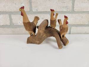lot 40 image: Vintage Hand Carved Roosters on a Log - Folk Art - Approx. 7 x 5.5 x 4