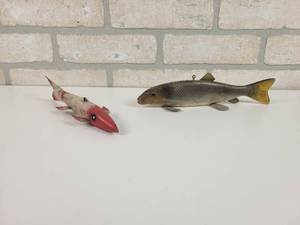 lot 54 image: (2) Antique Wood and Plastic Spear Fishing Decoys - Approx. 7 and 8.5
