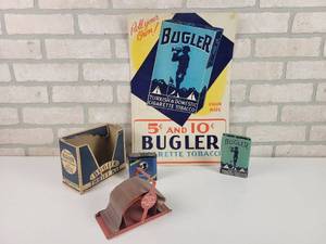 lot 69 image: Vintage BUGLER Tobacco Advertising (12 x 18), Cigarette Case, Tobacco Pouch and Rolling Machine