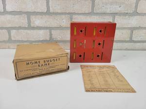 lot 72 image: Unused Vintage Tudor Metal Products Home Budget Bank w Original Box and Key - Approx. 6 x 6 x 2.5