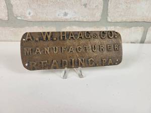 lot 96 image: Antique A.W. HAAG & Co. Brass Plate - Reading, PA - Approx. 5.5 x 2