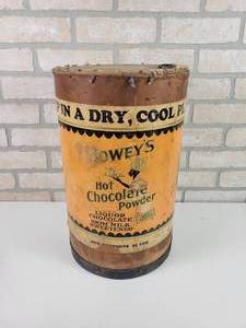 lot 99 image: Antique 25# Drum Boweys Hot Chocolate Powder - Made from Liquor Chocolate - Approx. 16 Tall x 10 Diameter