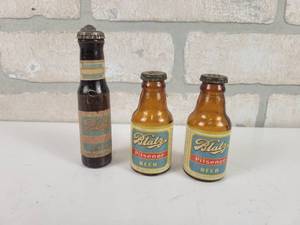 lot 110 image: Vintage Blatz Beer Bottle Salt & Pepper Shakers (3.5 Tall) and Wood Blatz Bottle Opener (4.5 Tall)