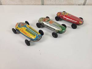 lot 117 image: (3) Vintage Tin Litho Friction Race Cars - Approx. 4 Long Each - ALL Work - Made in Japan