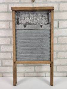 lot 129 image: Antique Wood  Galvanized Soap Saver Washboard - National Washboard Co., No. 192 - Approx. 24 x 12.5 x 2