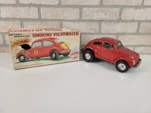 lot 159 image: Vintage Aoshin Tin Litho Volkswagen Beetle, Battery Operated and Smokes w Original Box - Box is Approx. 11 x 6 x 5