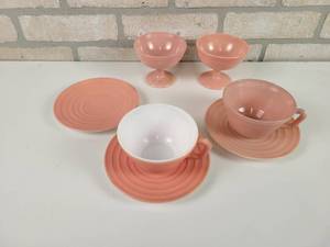 lot 174 image: Vintage HAZEL ATLAS Pink Dishes - (1) Saucer, (2) Cups & Saucers, (2) Sherbet Cups