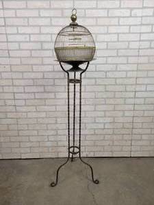 lot 1A image: Antique HENDRIX Brass Birdcage w rod Iron Stand - Overall Approx. 56 Tall - NO SHIPPING