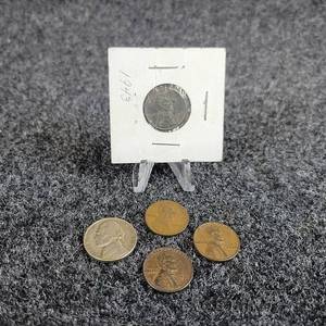 lot 2006 image: Lot of (5) Coins - (1) 1946 Jefferson Nickel, (1) 1919 Lincoln Penny, (1) 1939 Lincoln Penny, (1) 1943 Steel Lincoln Penny, (1) 1946 Lincoln Penny
