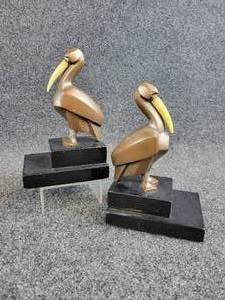 lot 2026 image: Art Deco Bronze Pelican Bookends with Bone Beaks