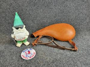 lot 2029 image: Unique Leather Water Bottle with Strap, Redneck Gnome, and Button