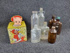 lot 2050 image: Lot of Vintage Bottles and Porky Pig Jack-in-the-Box