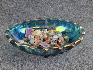 lot 2051 image: Carnival Glass Dish with 2 lbs. of Rocks & Gemstones - See Pictures