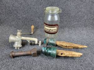 lot 2053 image: Lot of Vintage Items - Spaghetti Jar, Meat Grinder, Insulators, and More