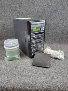 lot 2073 image: VINPower Digital DVDCD Duplicator with (5) Plextor PX-891SAW Burner Drives, Power Cord, Manual, LG Slim Portable DVD Writer, and Blank DVDsCDs