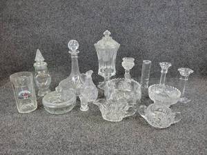 lot 2078 image: Lot of Glass & Crystal Dcor Pieces - Decanters, Candlesticks, Candy Jars, and More NO SHIPPING