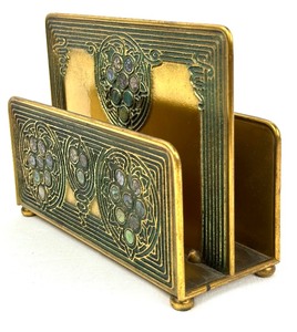 lot 2 image: Antique Tiffany & Co New York Letter Holder - Antique Tiffany & Co Gilt Bronze Letter Rack with Abalone Pattern
