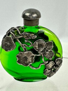 lot 130 image: Vintage Emerald Green Perfume Bottle with Silver Floral Design
