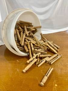 Pail w LOTS Old Wood Clothespins