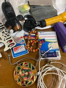 Bin of Junk Drawer Items 3 hole punch
