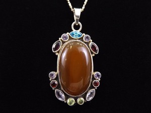 .925 Sterling Silver Multi Semi Precious Stone Large Agate Cabochon Pendant Necklace