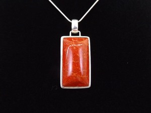 .925 Sterling Silver Larger Red Coral Cabochon Pendant Necklace