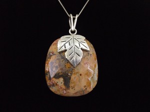 .925 Sterling Silver Large Jasper Maple Leaf Pendant Necklace