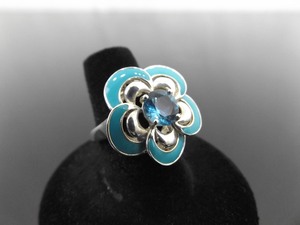.925 Sterling Silver Blue Enamel Topaz Zirconia Ring Size 7