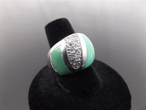 .925 Sterling Silver Green Enamel Crystal Ring Size 7.75