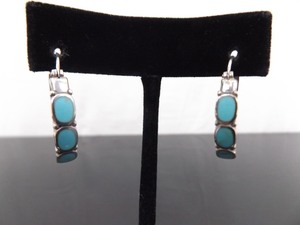 .925 Sterling Silver Inlayed Turquoise Hoop Hinged Post Latch Earrings