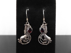 .925 Sterling Silver Garnet Native American Feather Dangle Hook Earrings