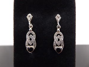 .925 Sterling Silver Art Nouveau Onyx Heart Dangle Post Earrings