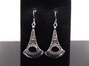 .925 Sterling Silver Inlayed Onyx Heart Dangle Hook Earrings