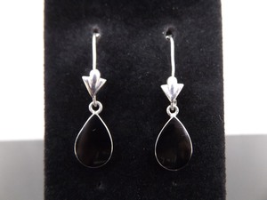 .925 Sterling Silver Onyx Cabochon Dangle Hook Earrings
