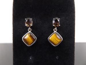 .925 Sterling Silver Faceted Smokey Quartz and Tigers Eye Dangle Post Earrings