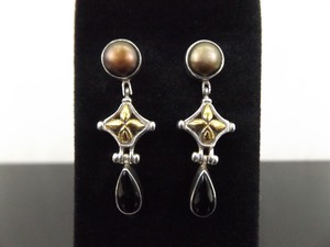 .925 Sterling Silver Genuine Pearl, Onyx, and Gold Accented Hinged Post Earrings