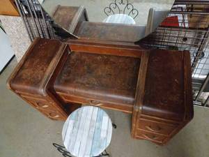 Vintage Vanity Dresser with Round Mirror and an Iron Vanity Stool