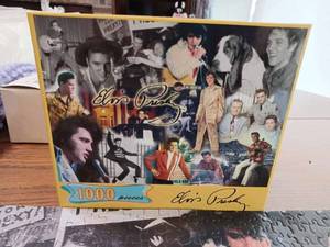 1000 Piece Elvis Presley Puzzle - Finished and Glued to a Cardboard Backing and a Home-Made Blue Elvis Bird House