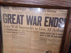 Framed August 15, 1945 Edition of the Chicago Daily Tribune Announcing End to World War II, Glass is Cracked on One Corner