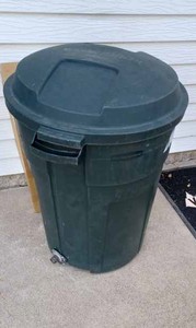 ACE Hardware Plastic Garbage Can with a Garden Hose Attachment on One Side Near the Bottom (Pretty Clean Can with Lid)