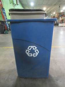 3 Small Recycling and Trash Cans - Used in warehouse, SOLD AS IS