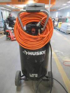 Husky 30 Gal. 175 PSI Oil Lubed Belt Drive Portable Vertical Electric Air Compressor with Air Hose - USED IN WAREHOUSE - SOLD AS IS