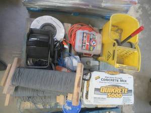 Wholesale Pallet of Misc Cable, Paint & Janitorial Supplies - USED IN WAREHOUSE - SOLD AS IS