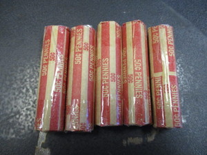Lot of 5 Rolls (250) Lincoln Wheatback Copper Pennies