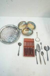 silver serving tray  steak knife set