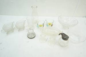 glass three footed dish and sugar cream set