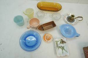blue delphite glass juicer and fire king creamer shrimp boat