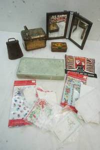 vintage tins old cow bell and vintage handkerchief