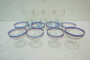 blue and red stripe ice cream cup and beach scene glasses